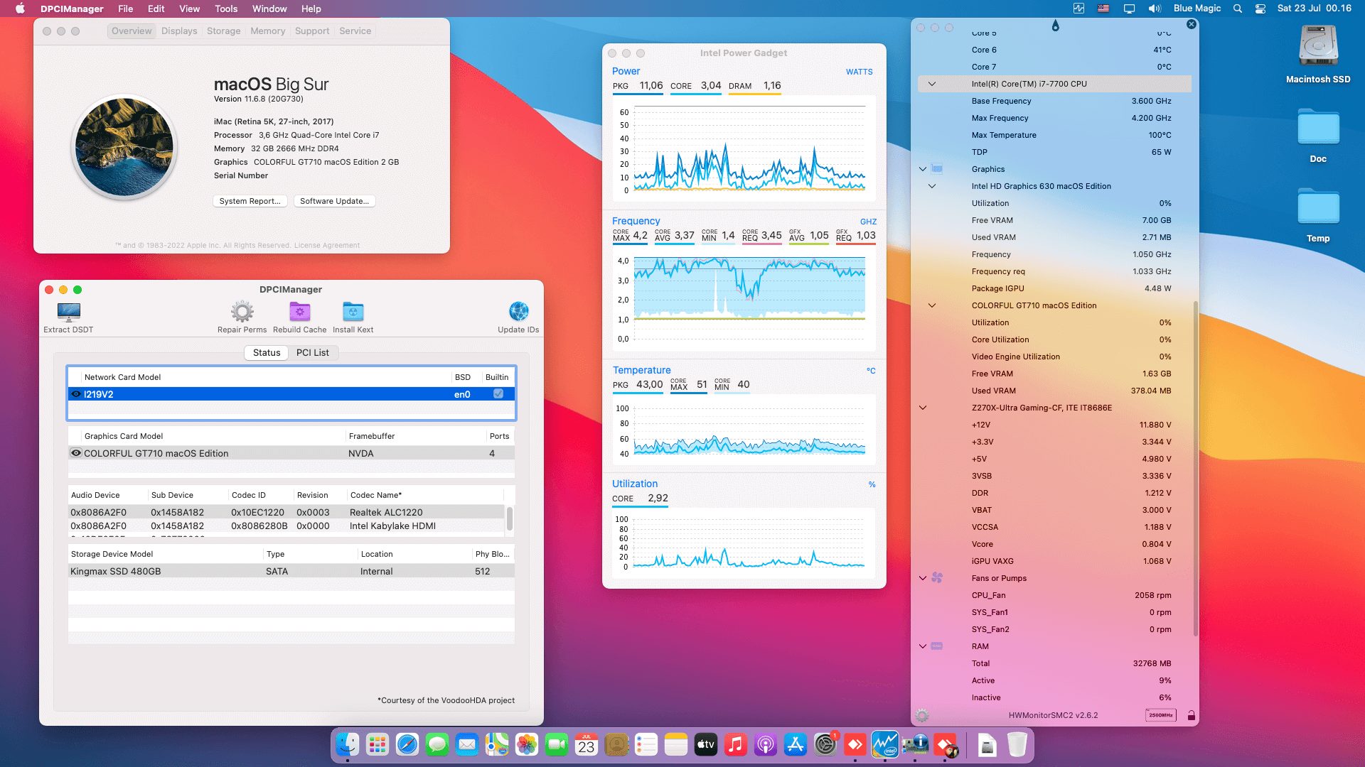 Success Hackintosh macOS Big Sur 11.6.8 Build 20G730 in Gigabyte GA-Z270X-Ultra Gaming + Intel Core i7 7700 + Colorful GT710